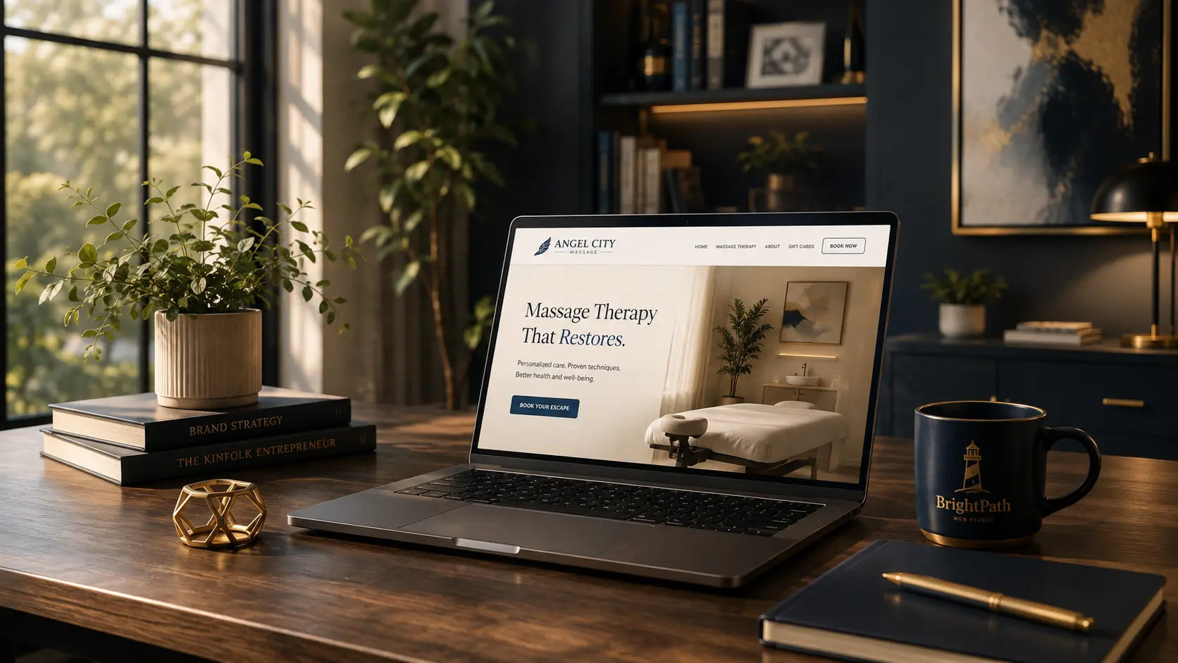 A laptop on a studio desk showing a BrightPath-built client website, beside a BrightPath mug and design books.