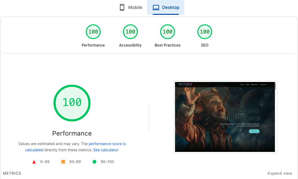 AweStruck Intelligence mobile Lighthouse performance score showing 100