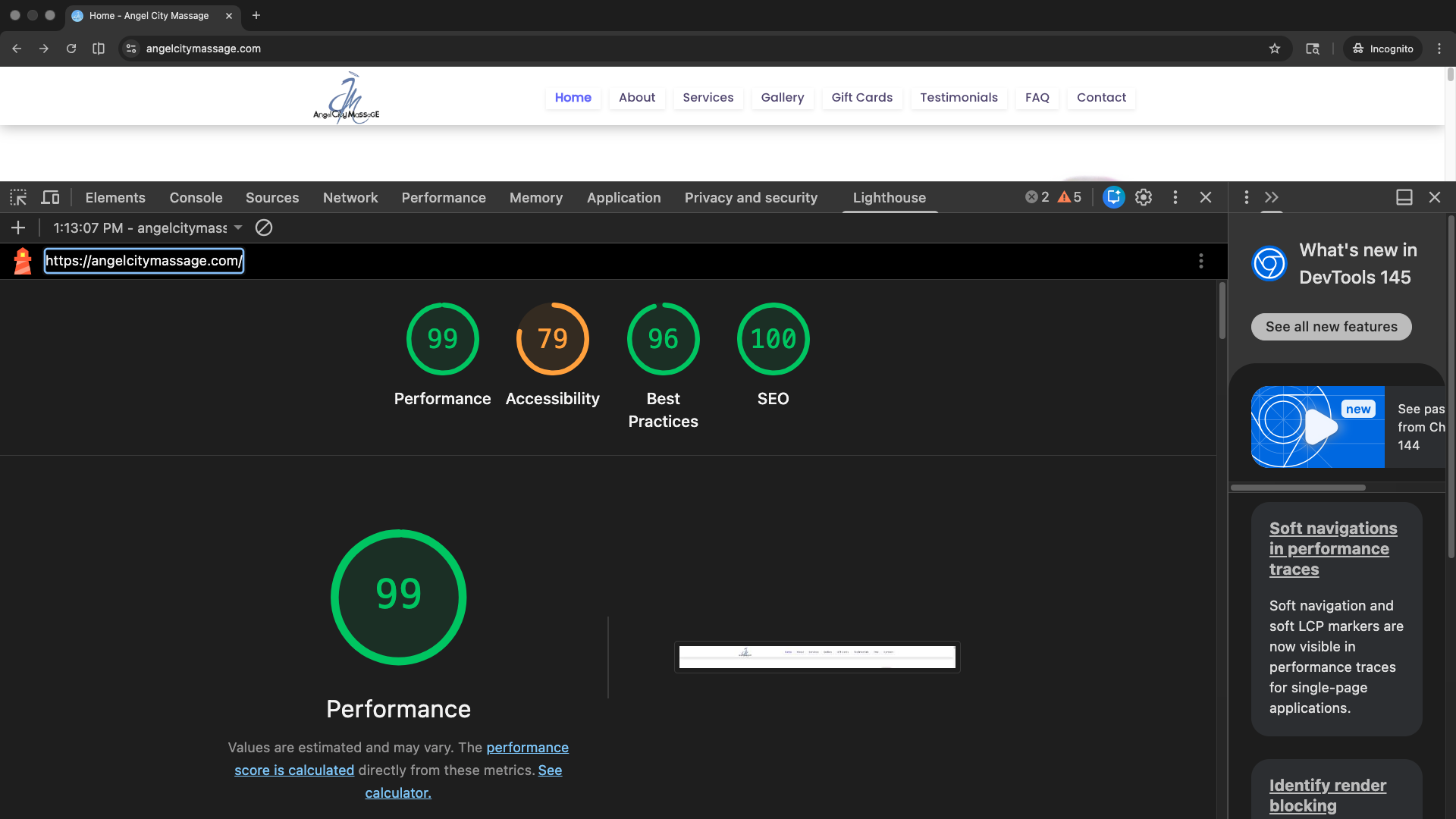 Angel City Massage desktop Lighthouse performance score showing 99