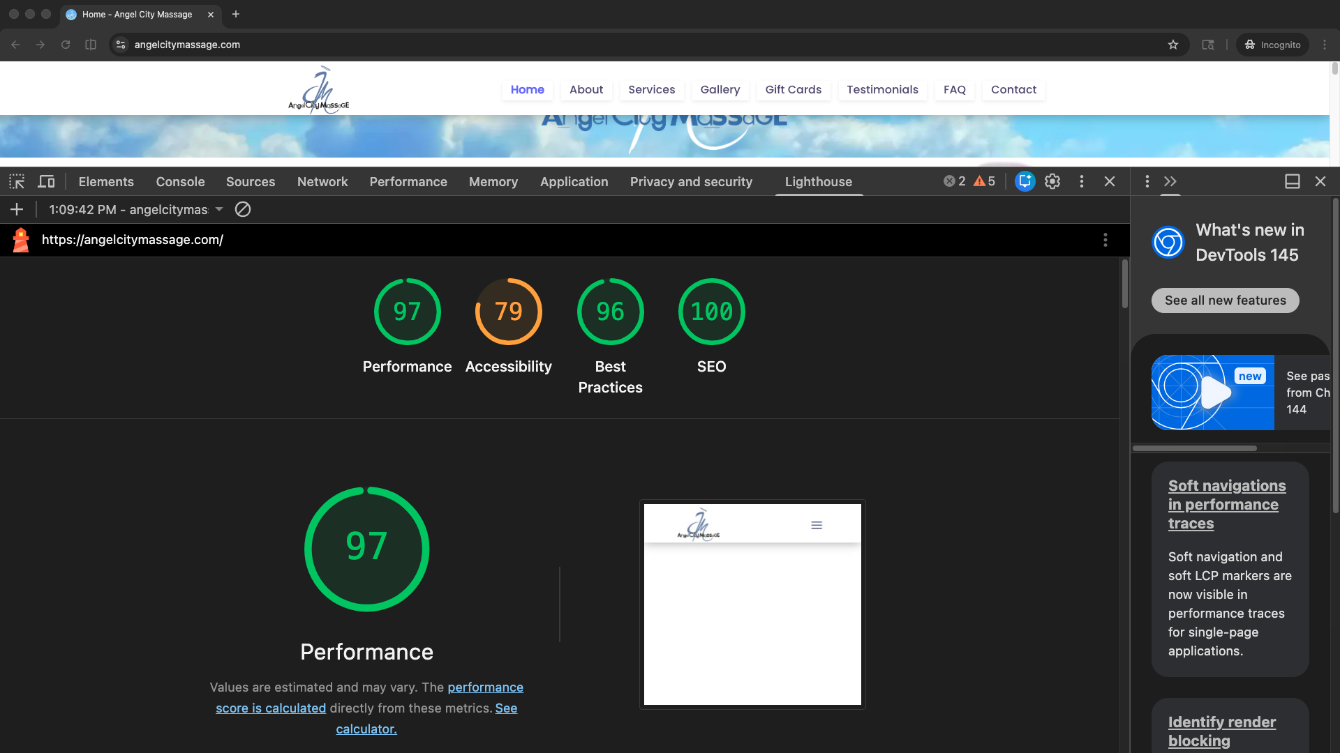 Angel City Massage mobile Lighthouse performance score showing 97